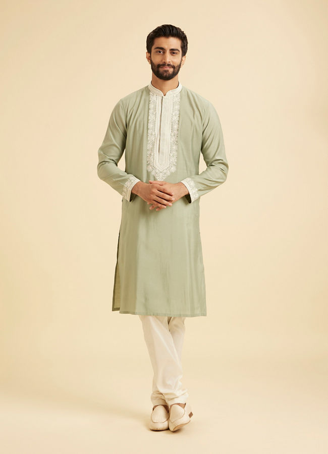 Manyavar Men Light Green Blended Viscose Kurta Churidar Set