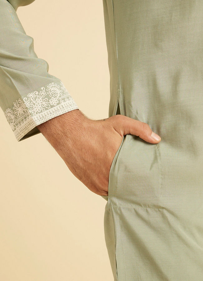 Manyavar Men Light Green Blended Viscose Kurta Churidar Set