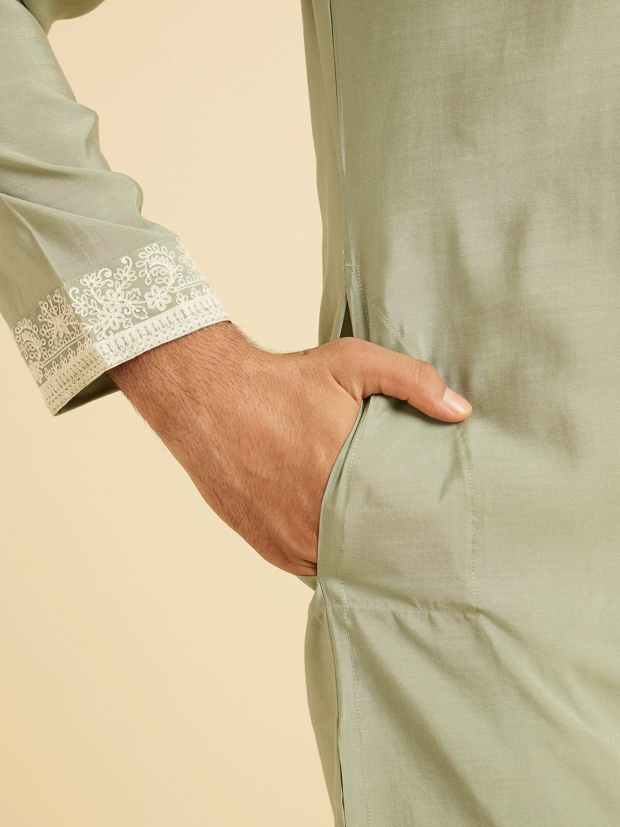 Manyavar Men Light Green Blended Viscose Kurta Churidar Set