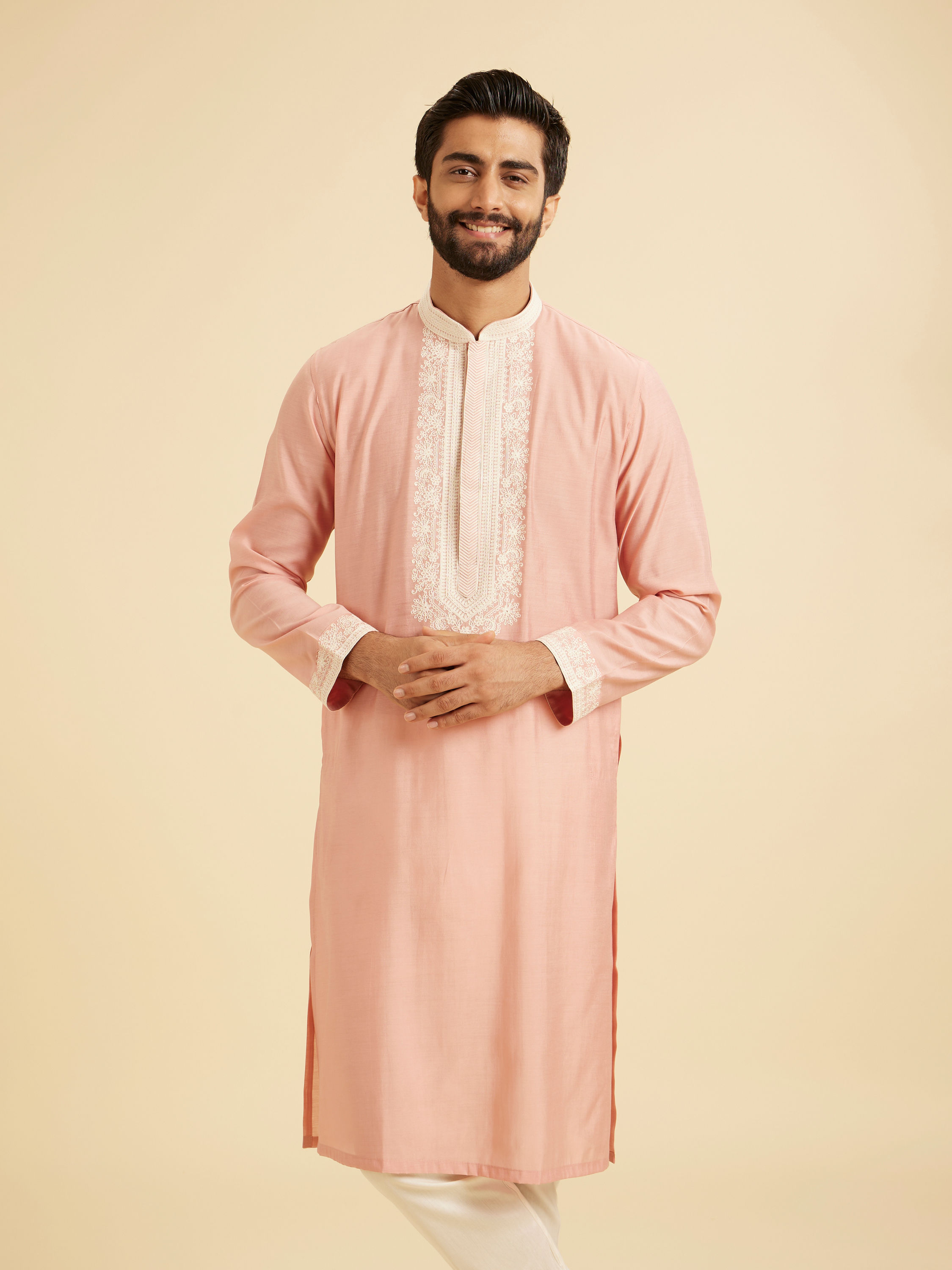 Manyavar Men Peach Elegance Kurta Pajama