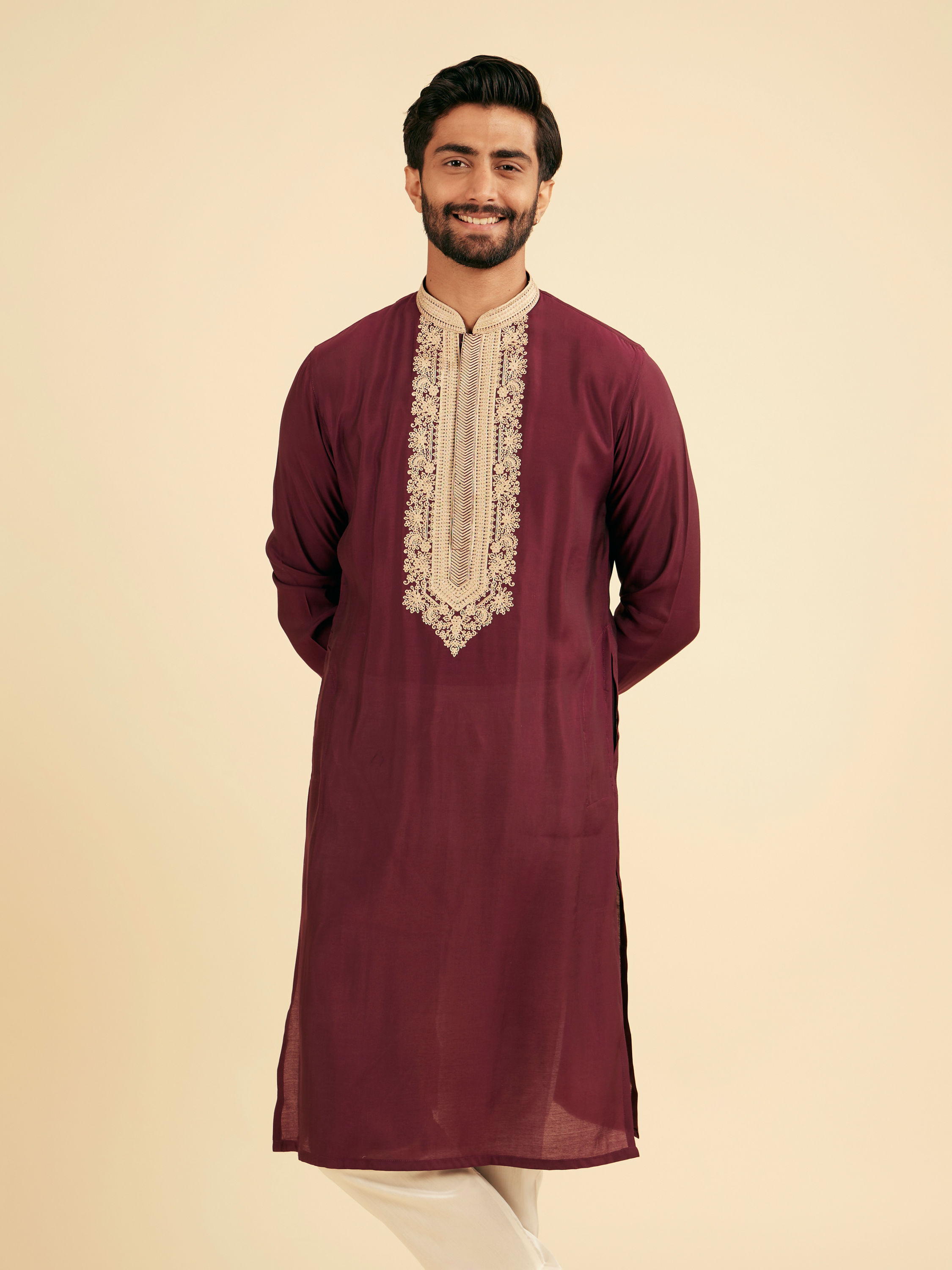 Manyavar Men Wine Majestic Elegance Kurta Pajama