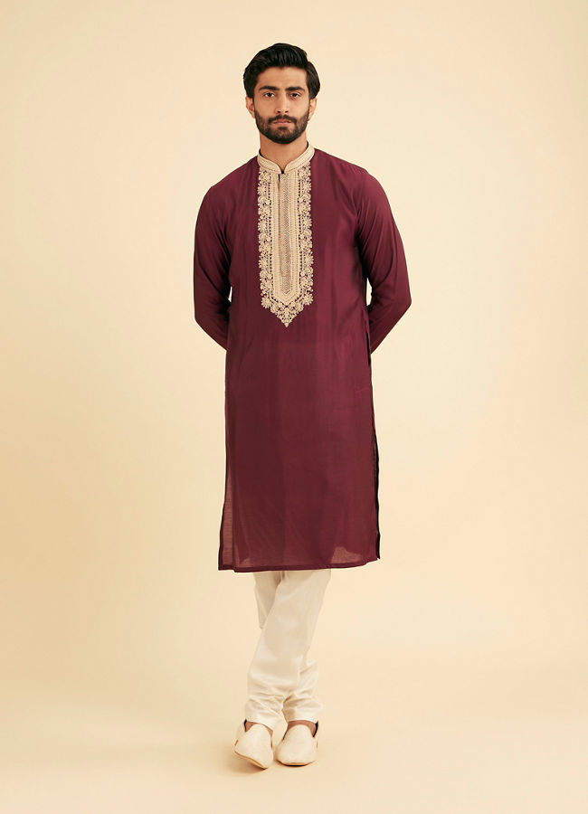 Manyavar Men Wine Majestic Elegance Kurta Pajama