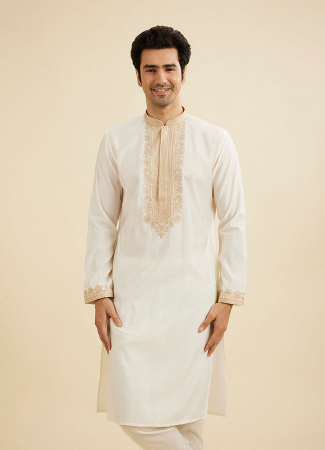Manyavar Men Warm White Kurta Set with Bel Buti Embroidered Neckline