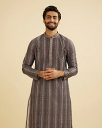 Manyavar Men Davy Grey Linear Patterned Chikankari Print Kurta Set