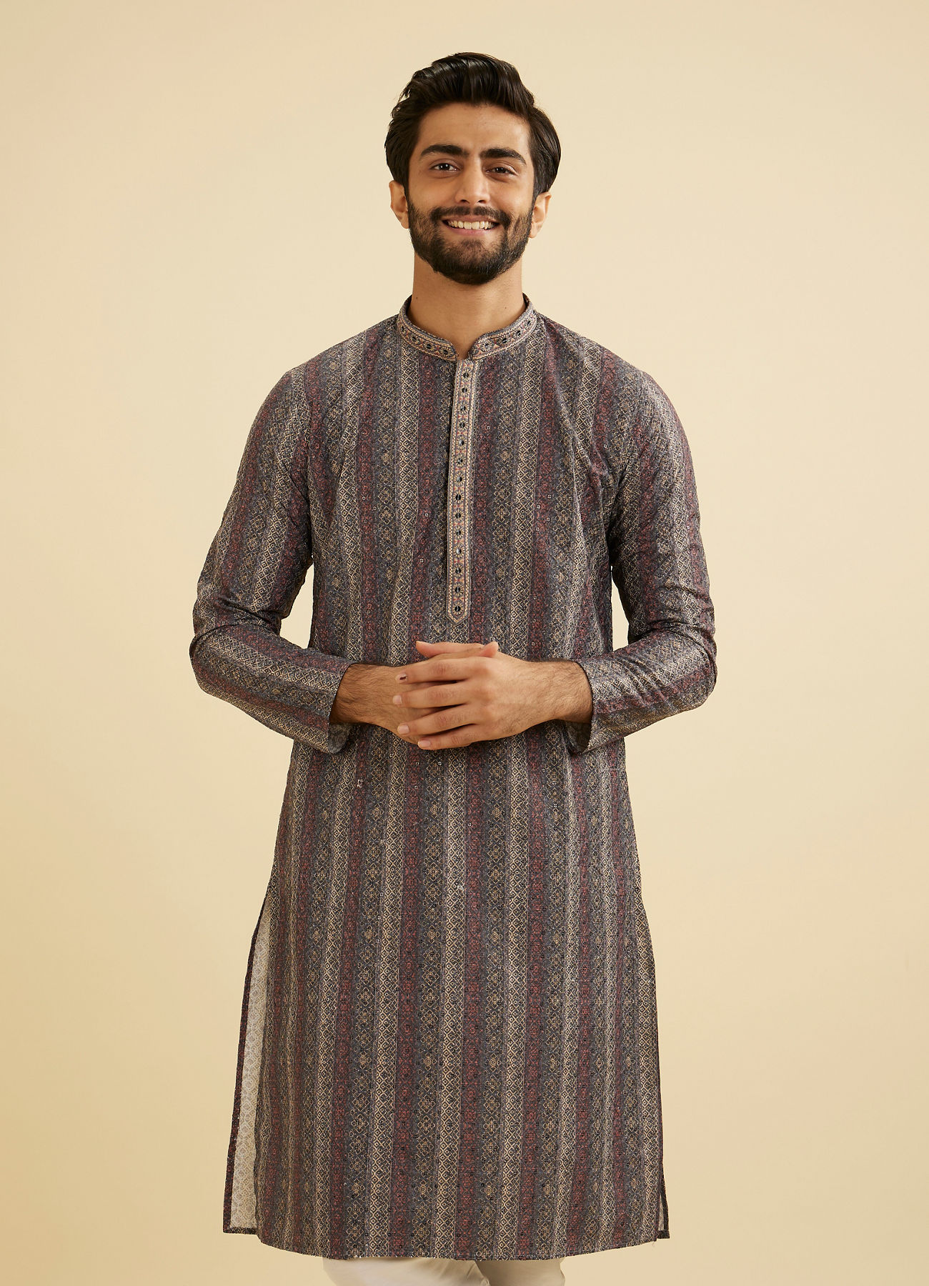 Manyavar Men Davy Grey Linear Patterned Chikankari Print Kurta Set