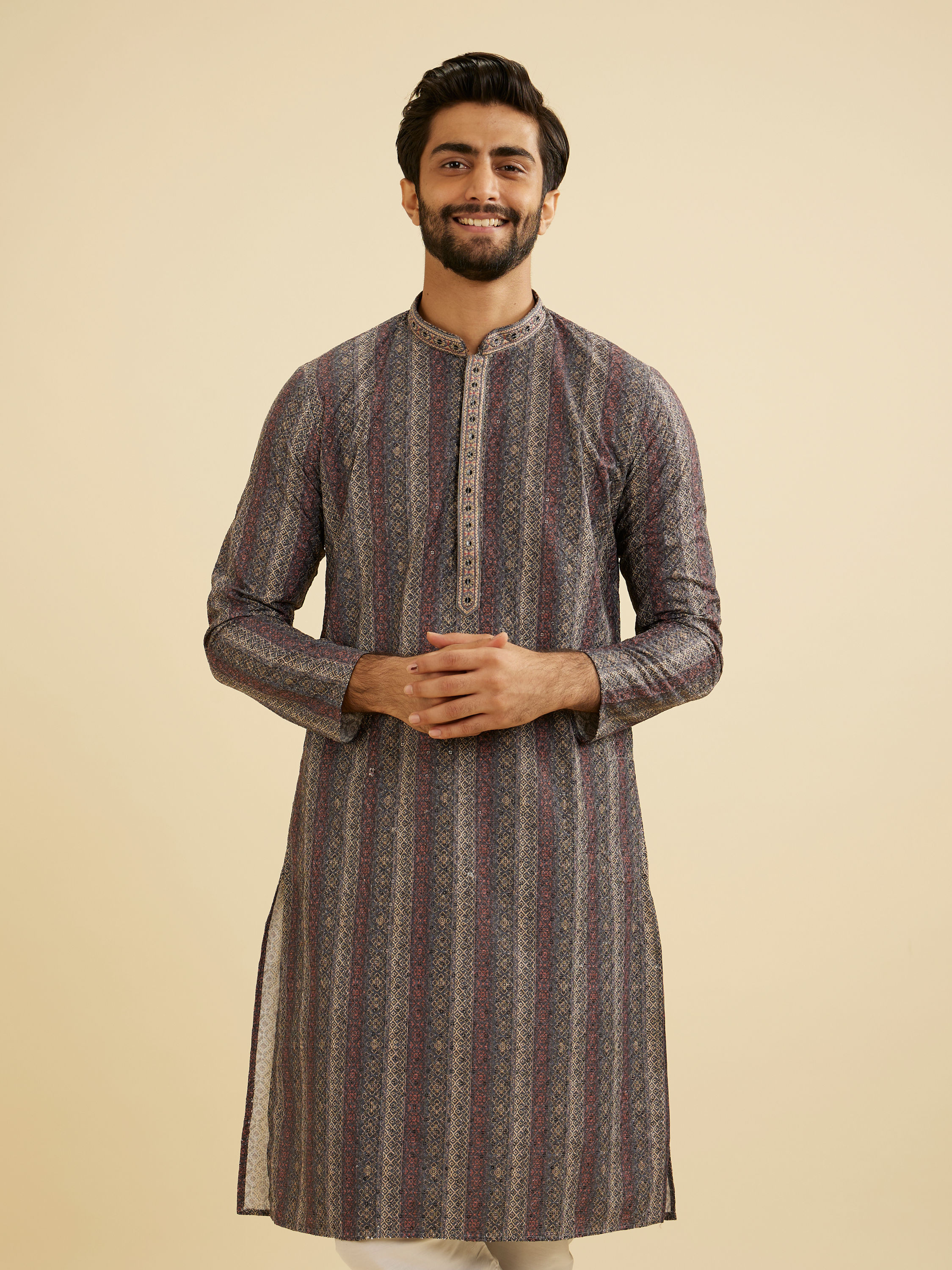 Manyavar Men Davy Grey Linear Patterned Chikankari Print Kurta Set