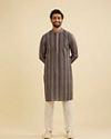 Manyavar Men Davy Grey Linear Patterned Chikankari Print Kurta Set