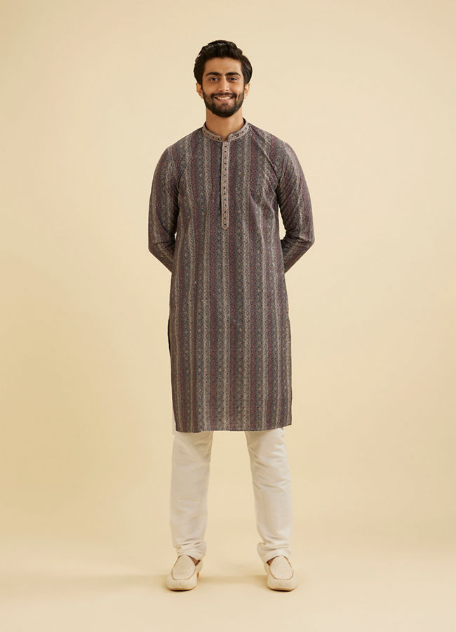 Manyavar Men Davy Grey Linear Patterned Chikankari Print Kurta Set