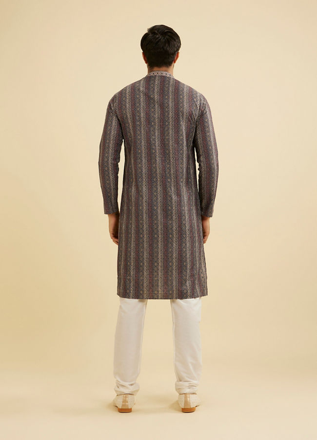 Manyavar Men Davy Grey Linear Patterned Chikankari Print Kurta Set