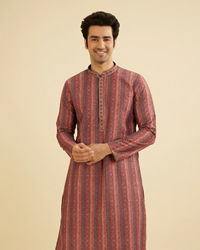 Manyavar Men Rust Red Linear Patterned Chikankari Print Kurta Set