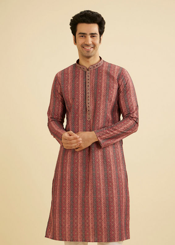 Manyavar Men Rust Red Linear Patterned Chikankari Print Kurta Set