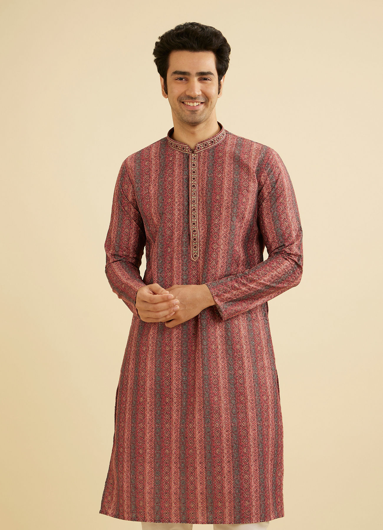 Manyavar Men Rust Red Linear Patterned Chikankari Print Kurta Set