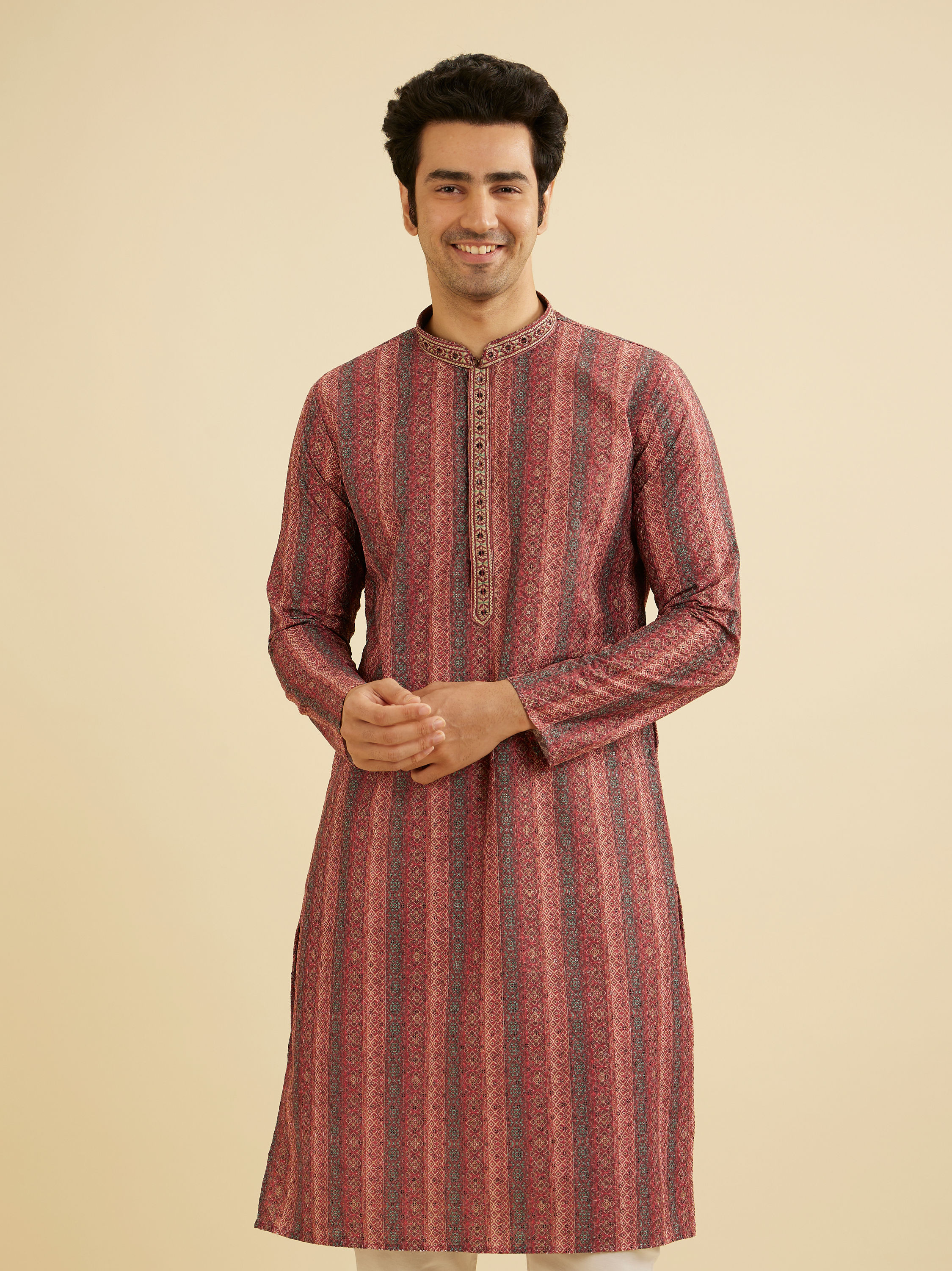 Manyavar Men Rust Red Linear Patterned Chikankari Print Kurta Set