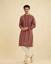 Manyavar Men Rust Red Linear Patterned Chikankari Print Kurta Set