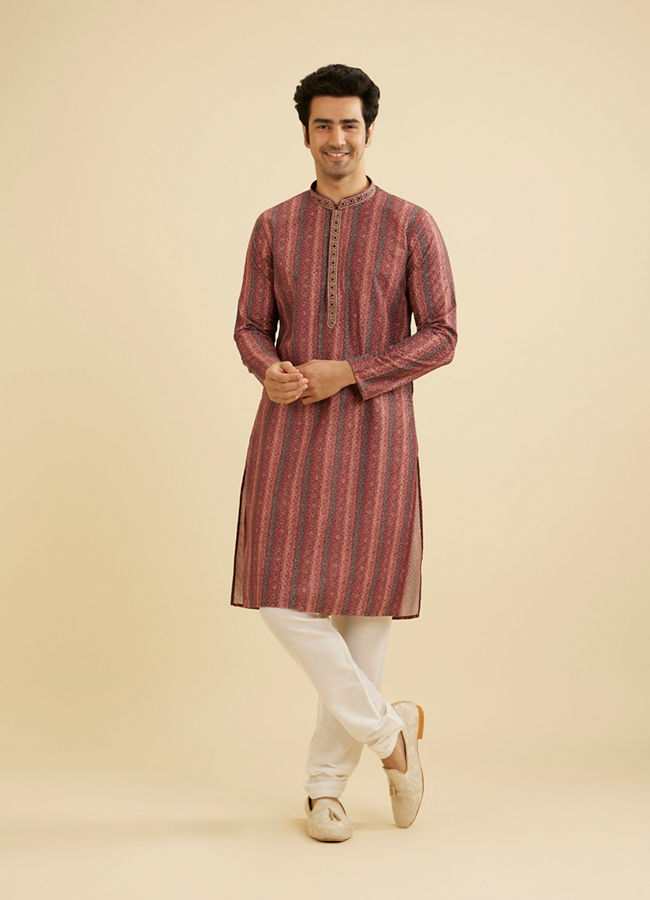 Manyavar Men Rust Red Linear Patterned Chikankari Print Kurta Set