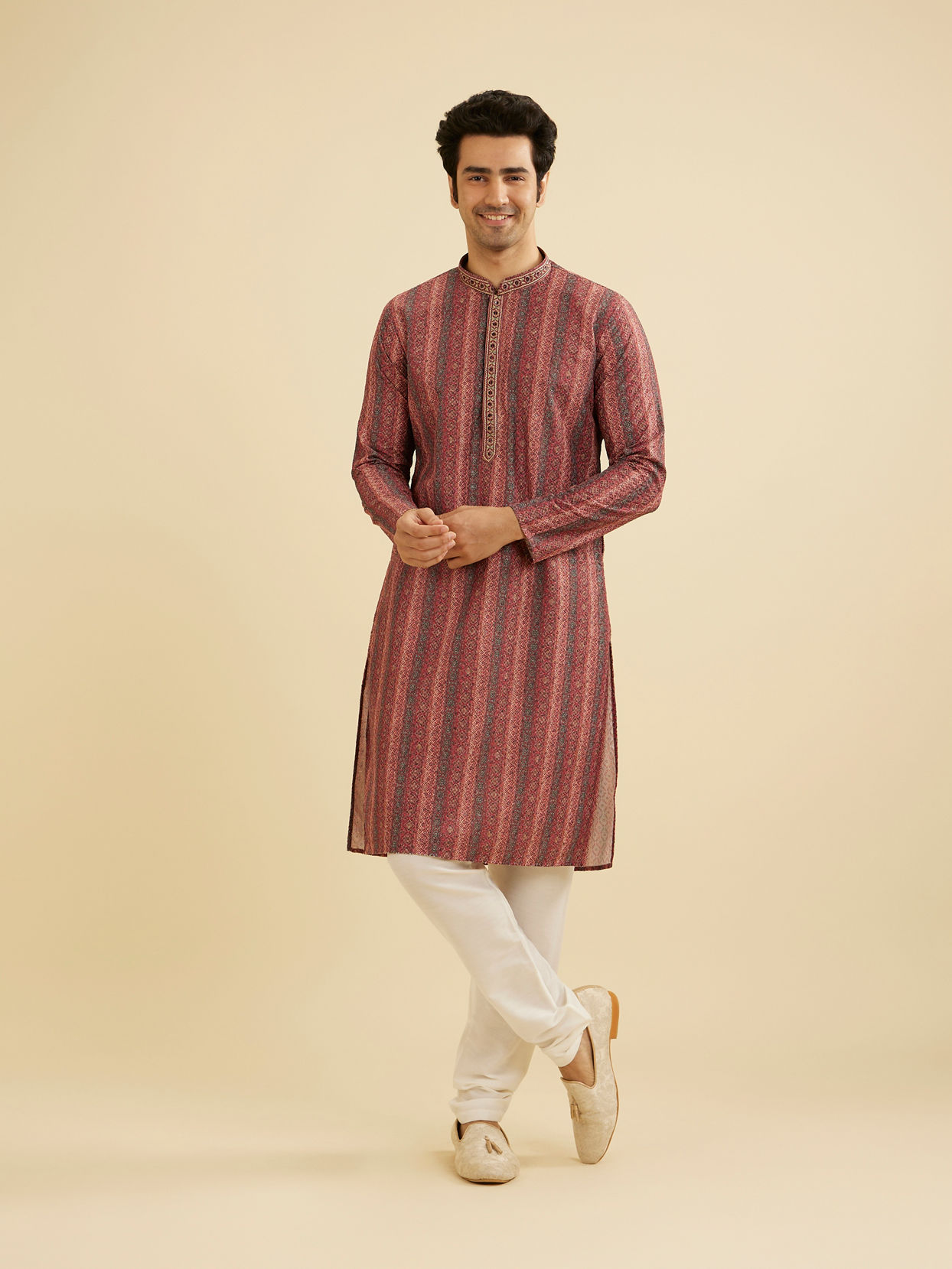 Manyavar Men Rust Red Linear Patterned Chikankari Print Kurta Set