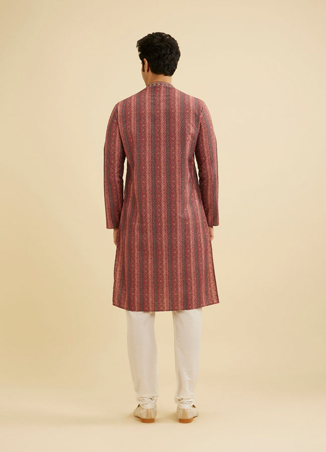 Manyavar Men Rust Red Linear Patterned Chikankari Print Kurta Set