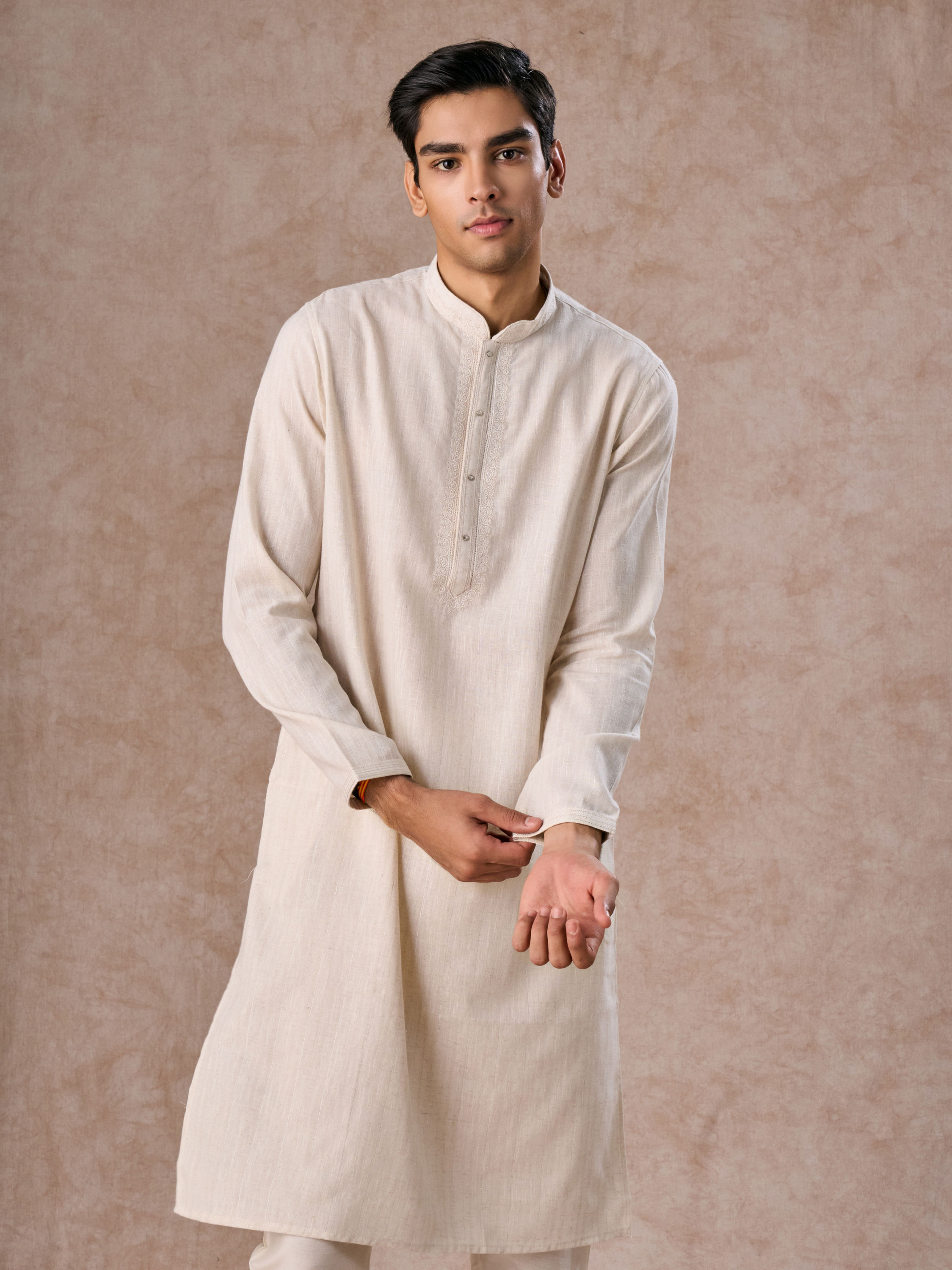 Manyavar Men Elegant Cream Kurta Churidar