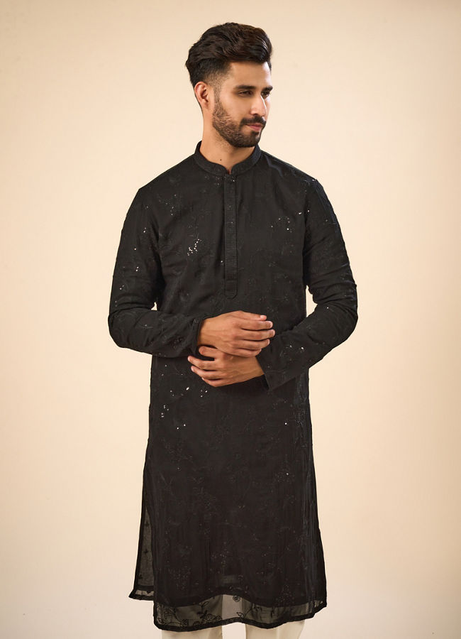 Manyavar Men Elegant Black Georgette Kurta Churidar