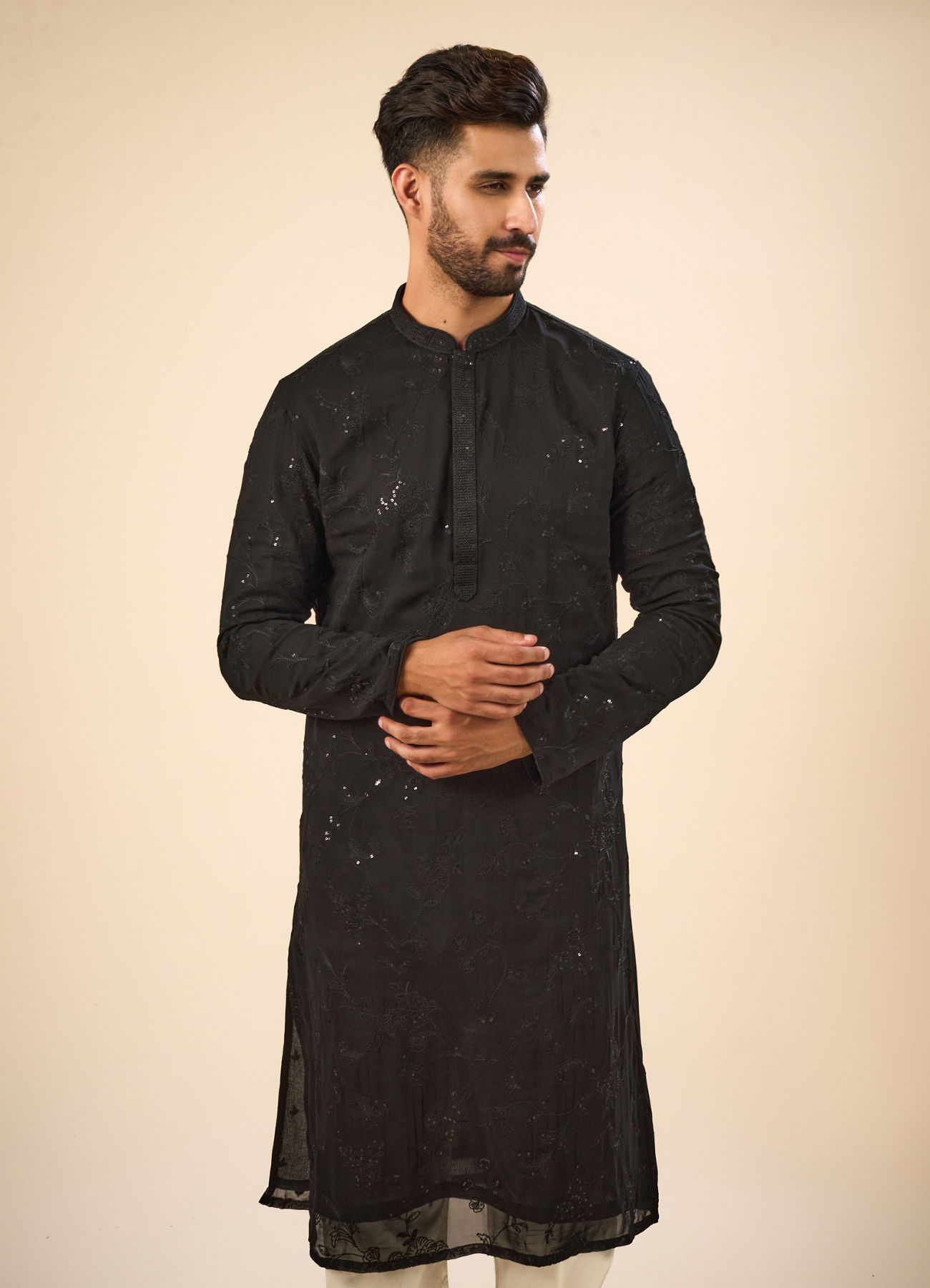 Manyavar Men Elegant Black Georgette Kurta Churidar