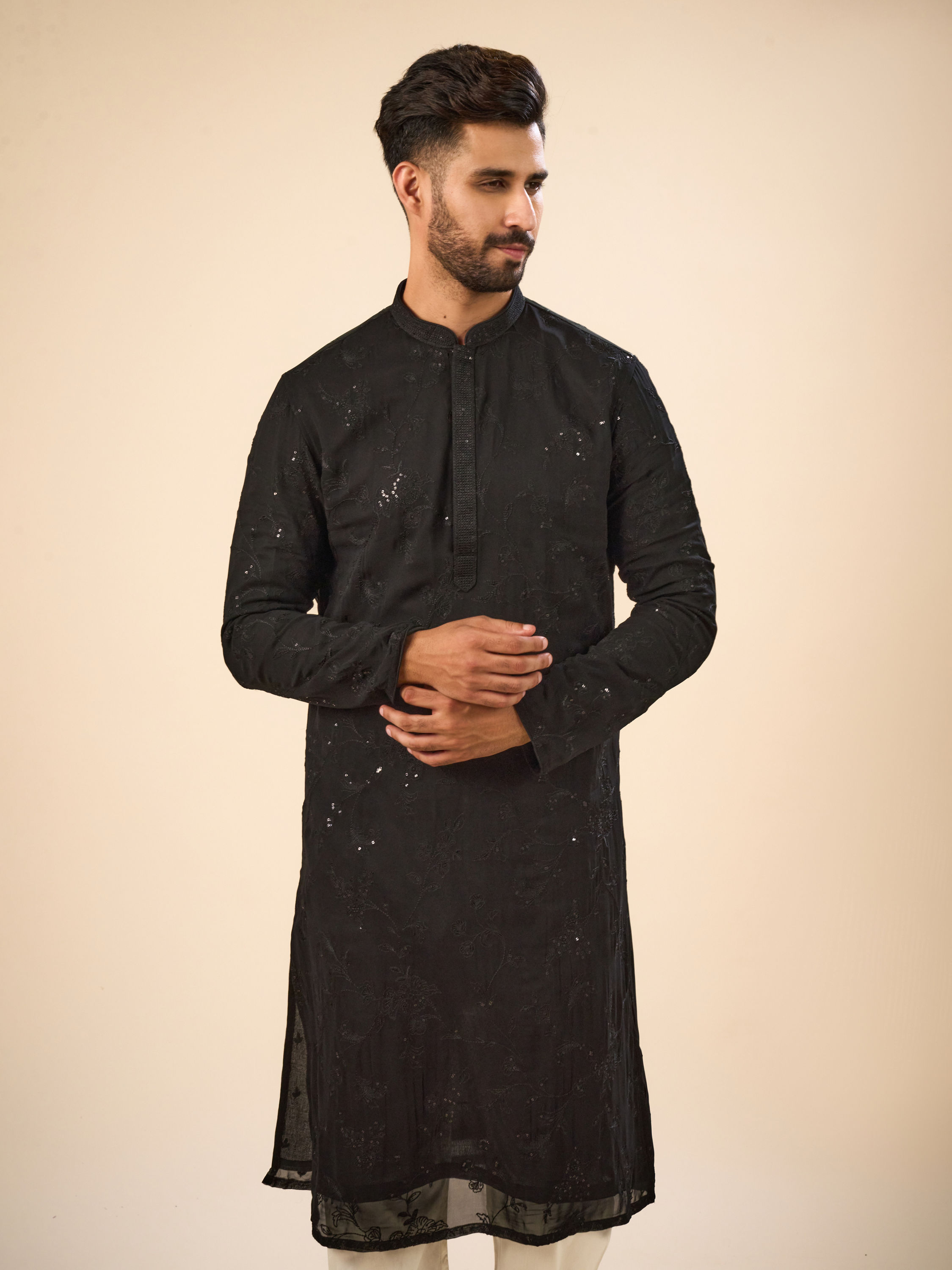 Manyavar Men Elegant Black Georgette Kurta Churidar