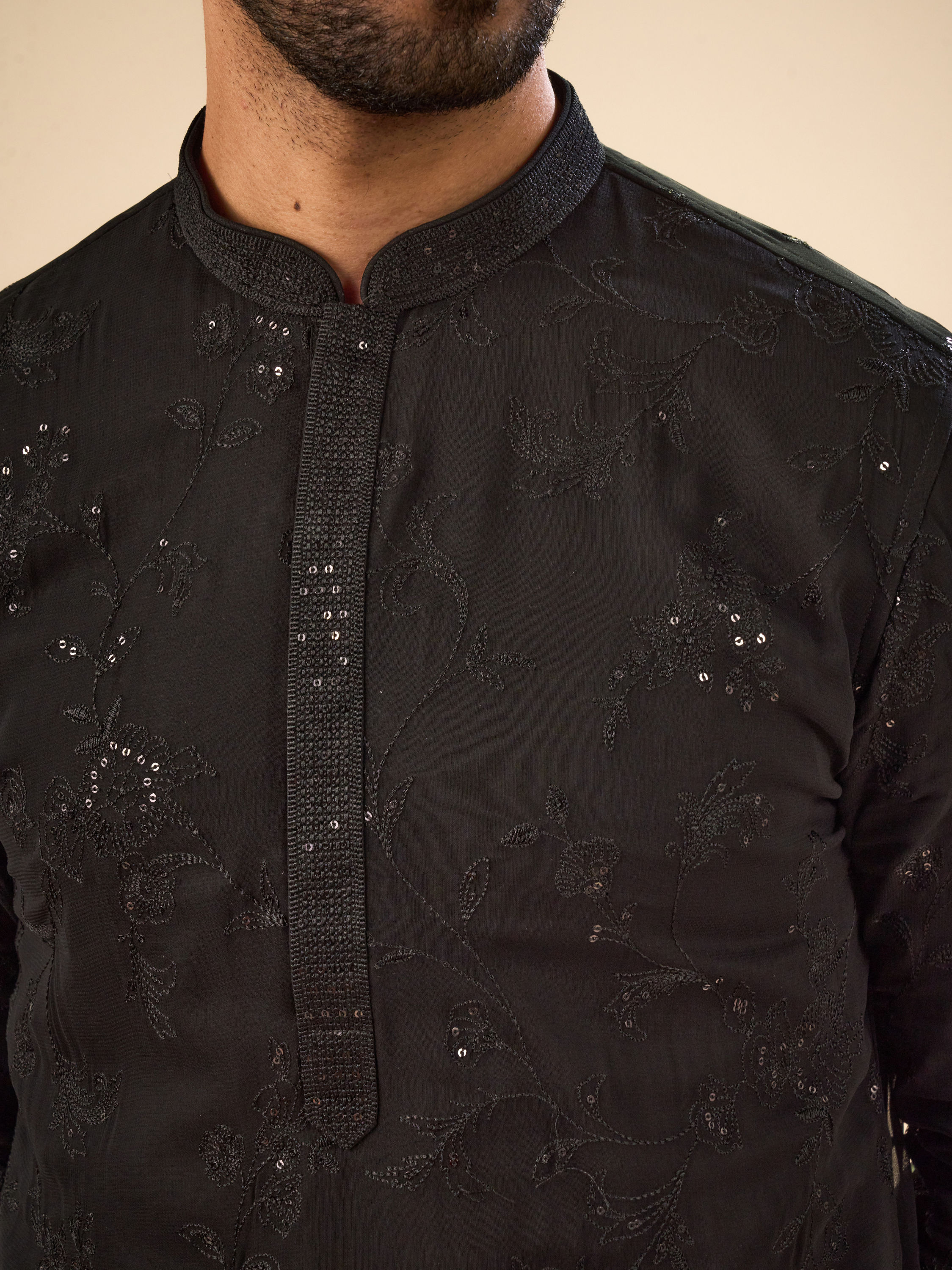 Manyavar Men Elegant Black Georgette Kurta Churidar