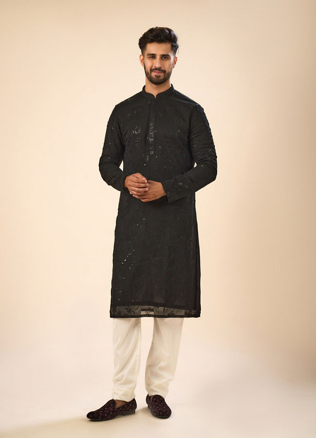 Manyavar Men Elegant Black Georgette Kurta Churidar