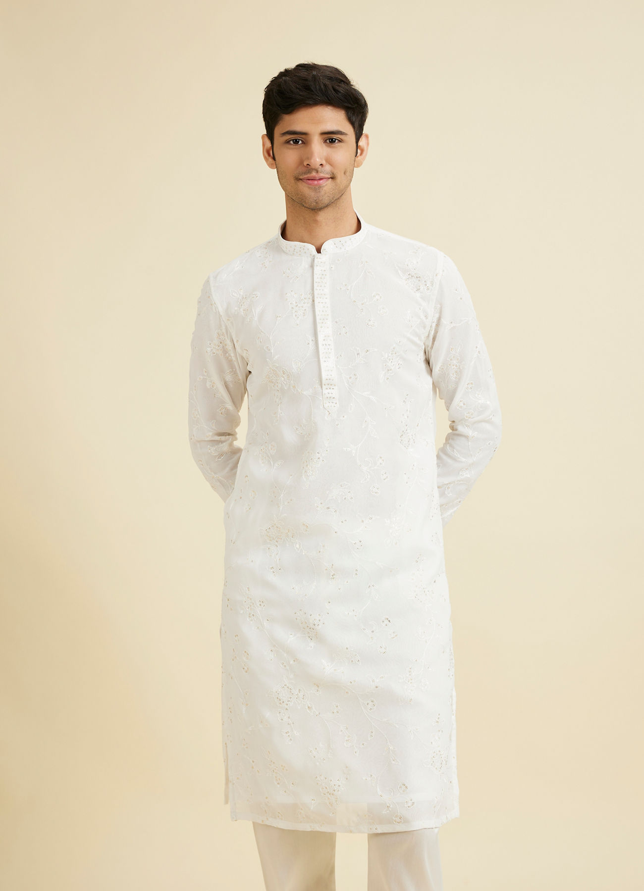 Manyavar Men Cream Georgette Kurta Pajama Ensemble