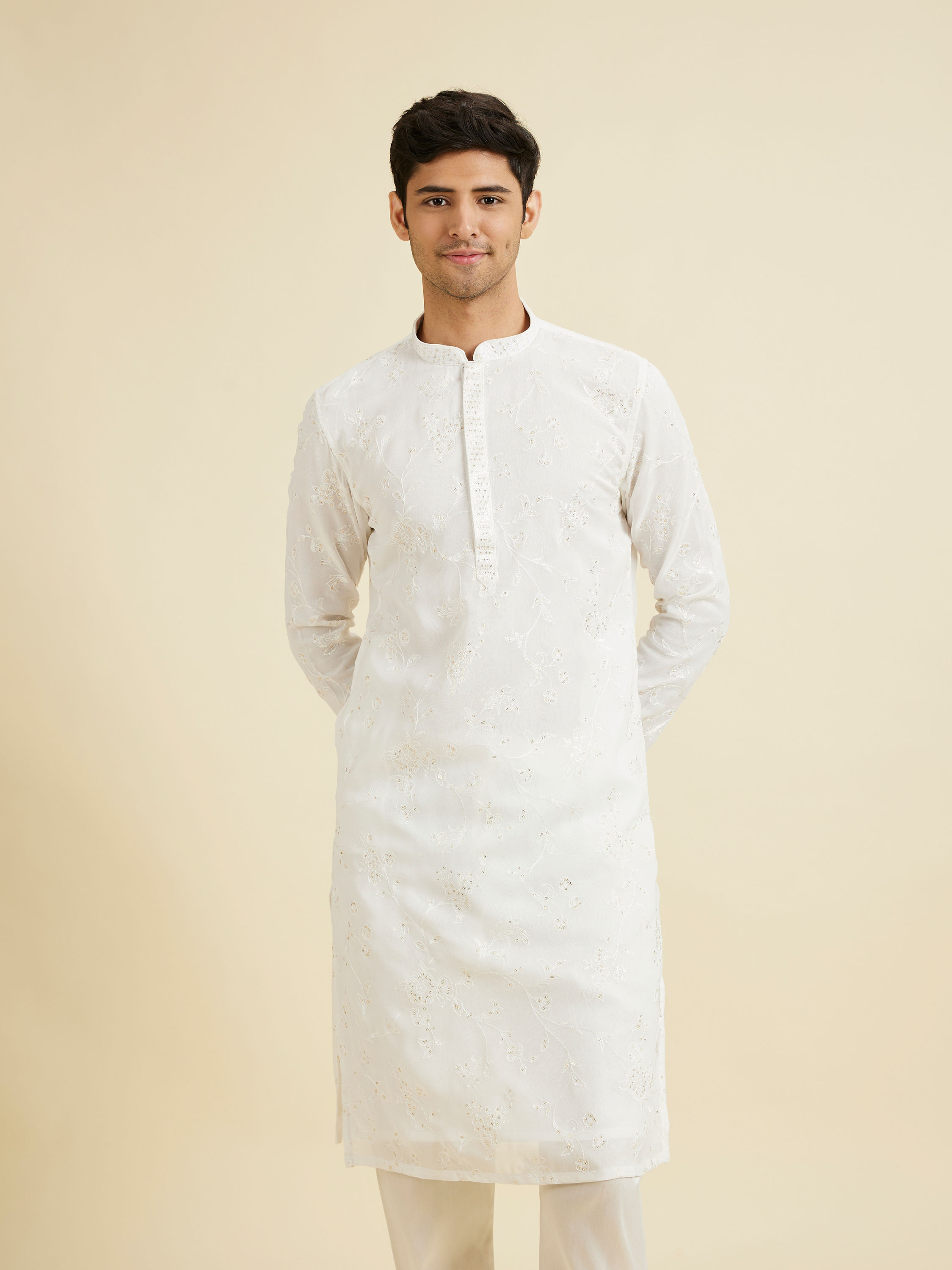 Manyavar Men Cream Georgette Kurta Pajama Ensemble
