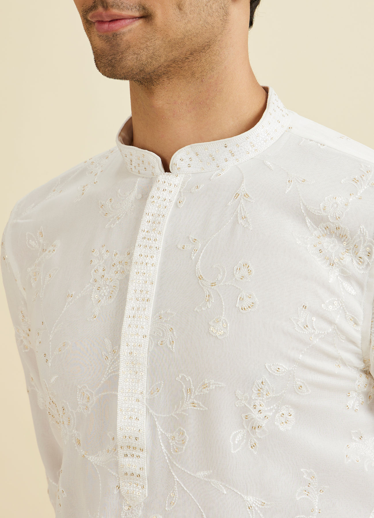Manyavar Men Cream Georgette Kurta Pajama Ensemble