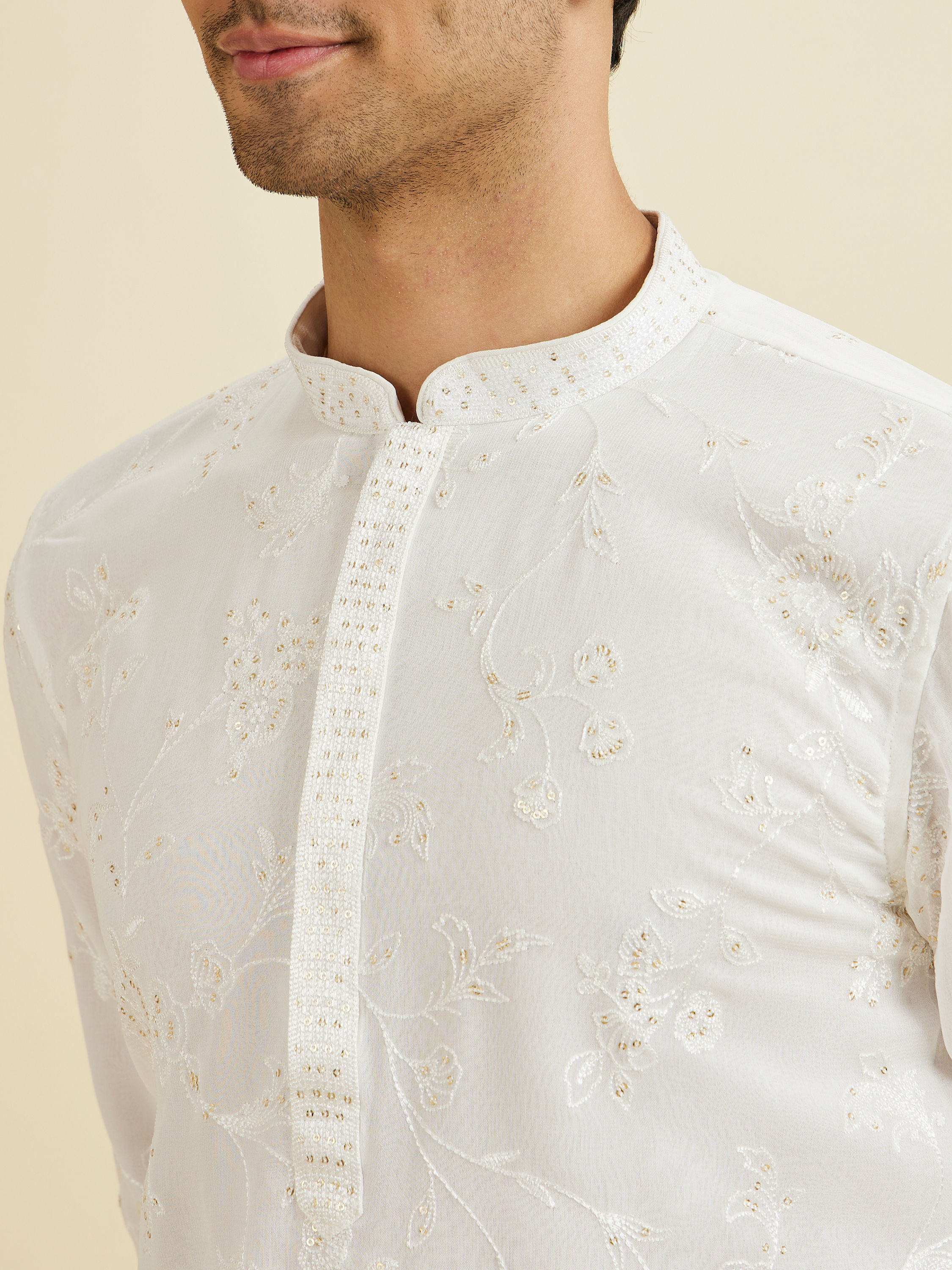 Manyavar Men Cream Georgette Kurta Pajama Ensemble