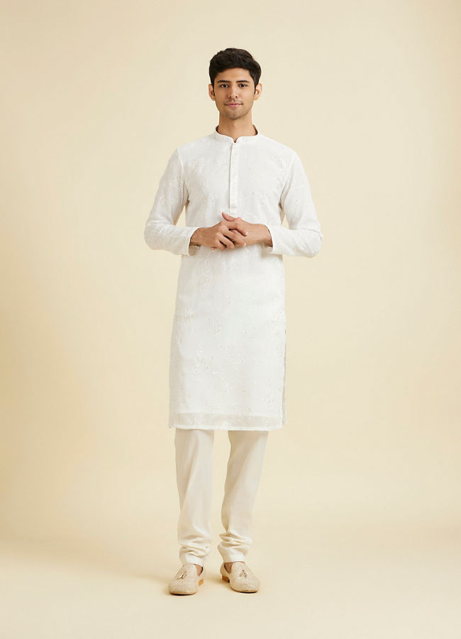 Manyavar Men Cream Georgette Kurta Pajama Ensemble