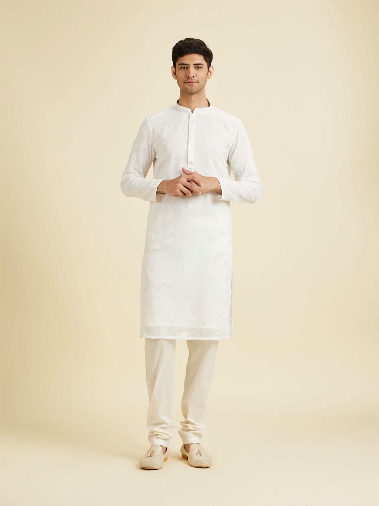 Manyavar Men Cream Georgette Kurta Pajama Ensemble