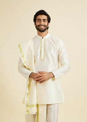 Manyavar Men Classy White Kurta Pancha Set With Dupatta