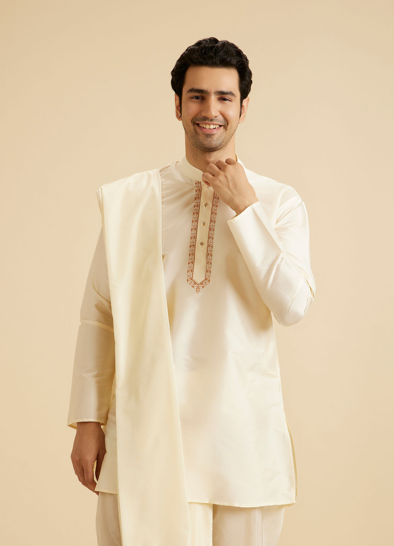 Manyavar Men Cream Elegance Kurta Pancha Set