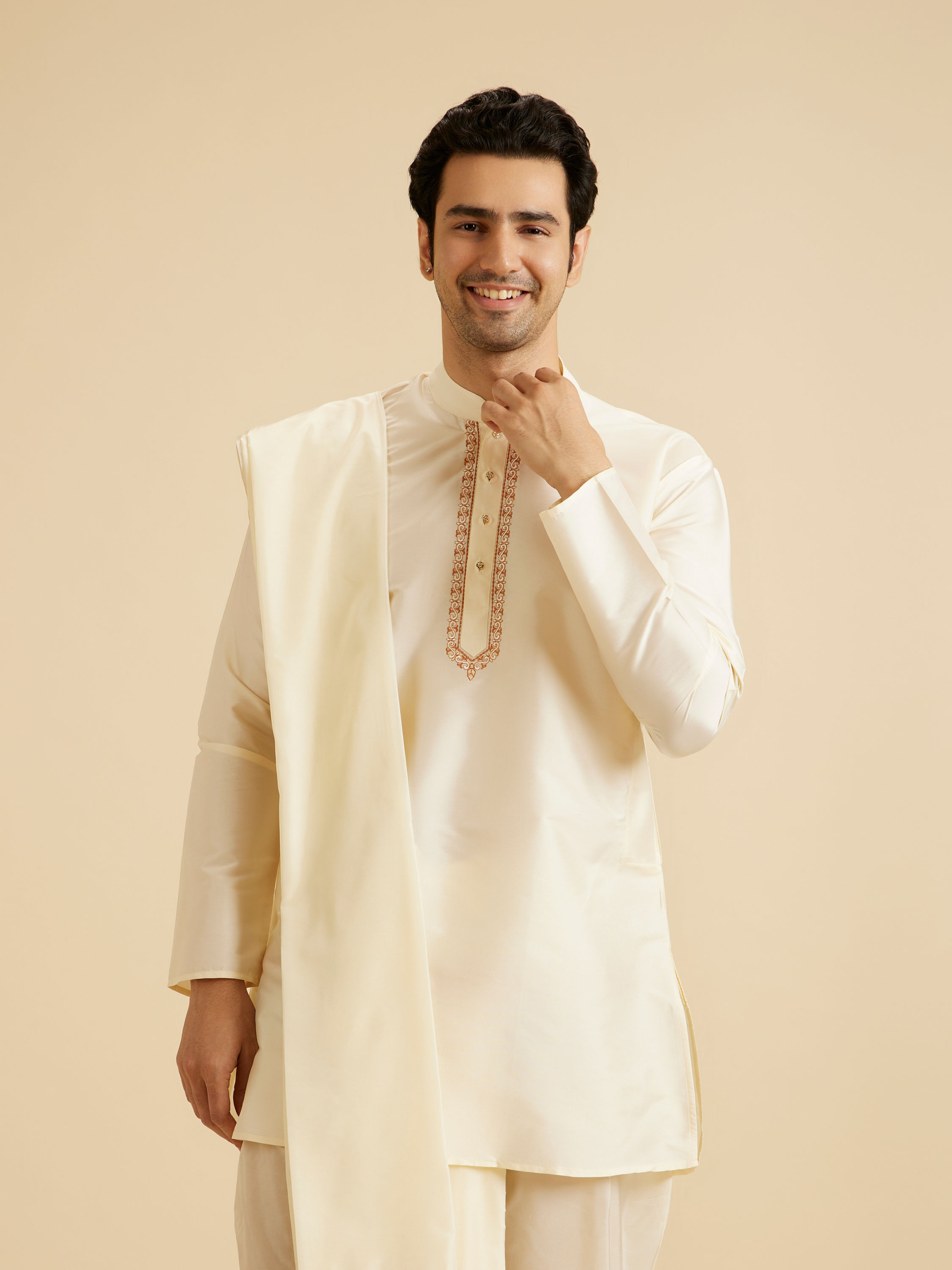 Manyavar Men Cream Elegance Kurta Pancha Set