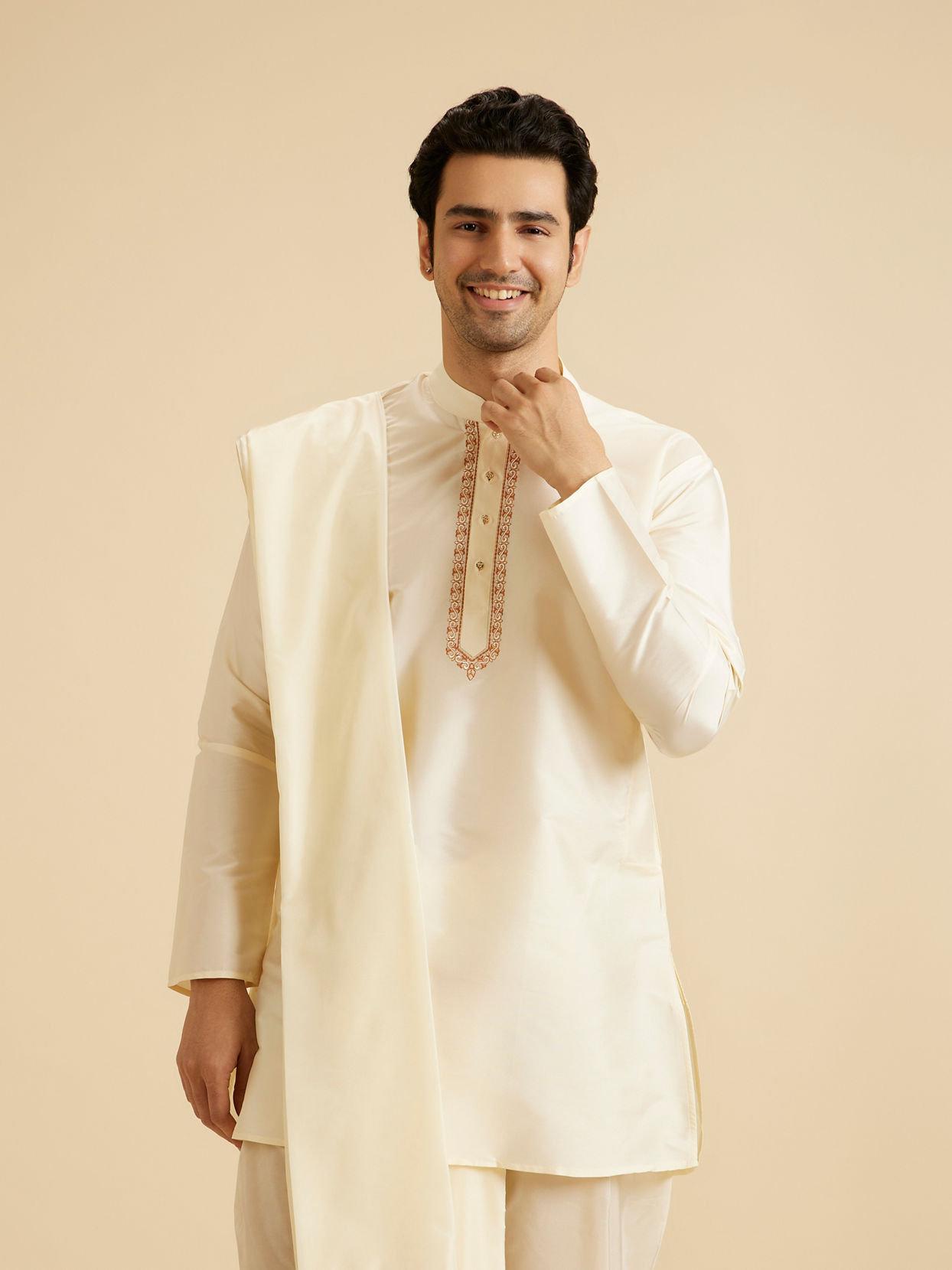 Manyavar Men Cream Elegance Kurta Pancha Set