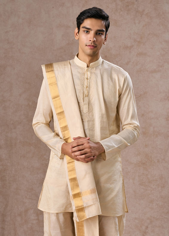 Manyavar Men Beige Silk Splendor Kurta Pancha Ensemble
