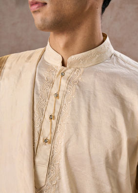 Manyavar Men Beige Silk Splendor Kurta Pancha Ensemble