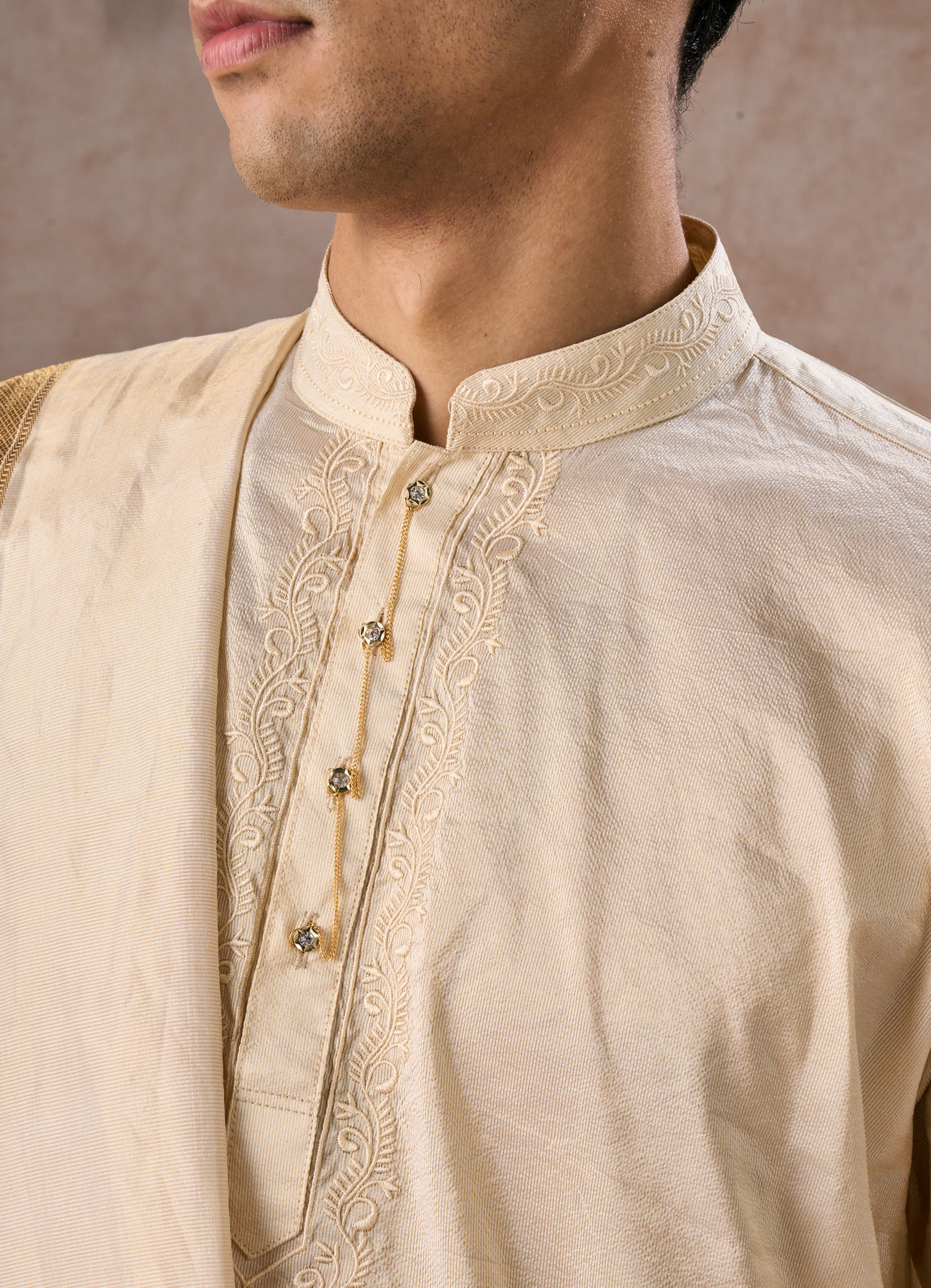 Manyavar Men Beige Silk Splendor Kurta Pancha Ensemble