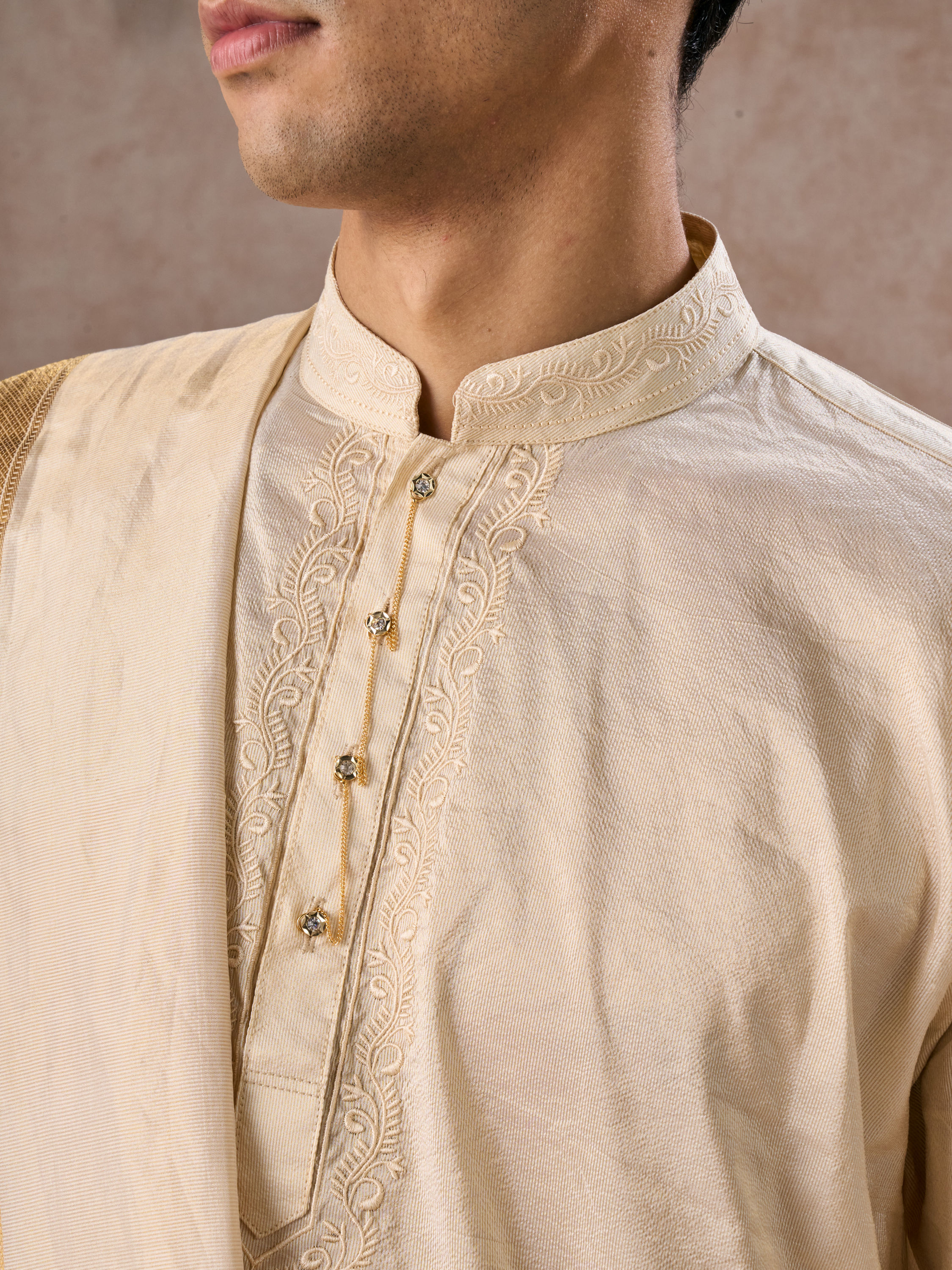 Manyavar Men Beige Silk Splendor Kurta Pancha Ensemble