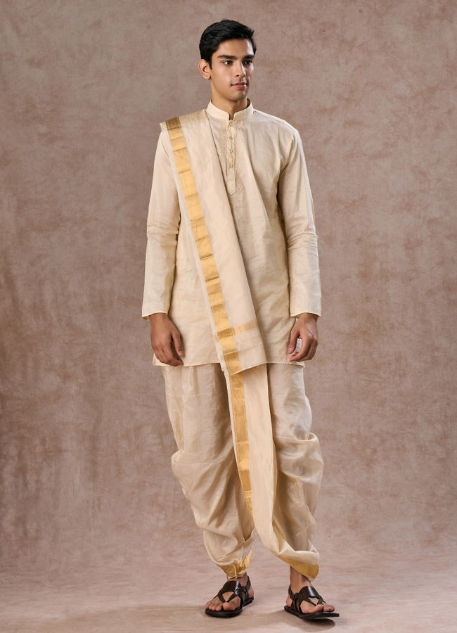 Manyavar Men Beige Silk Splendor Kurta Pancha Ensemble