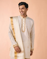 Manyavar Men Elegant Cream Silk Kurta Pancha Set