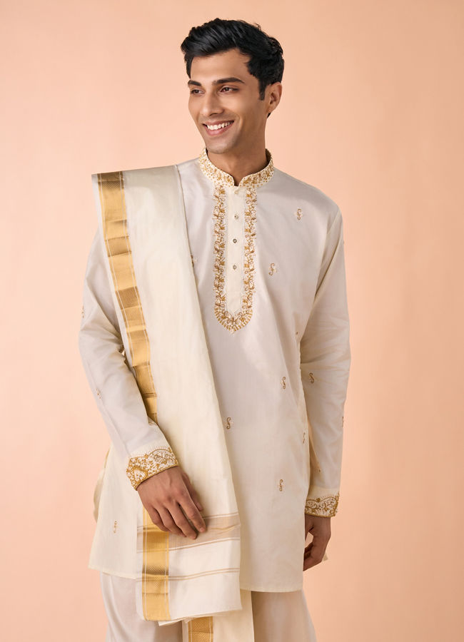 Manyavar Men Elegant Cream Silk Kurta Pancha Set