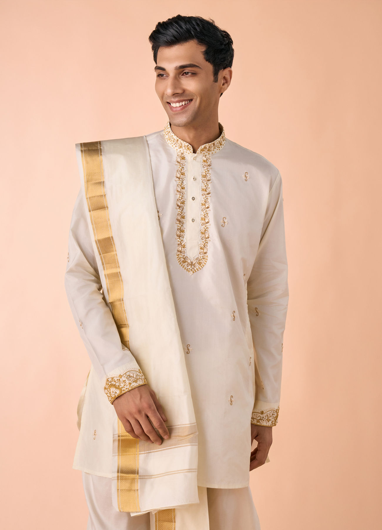 Manyavar Men Elegant Cream Silk Kurta Pancha Set