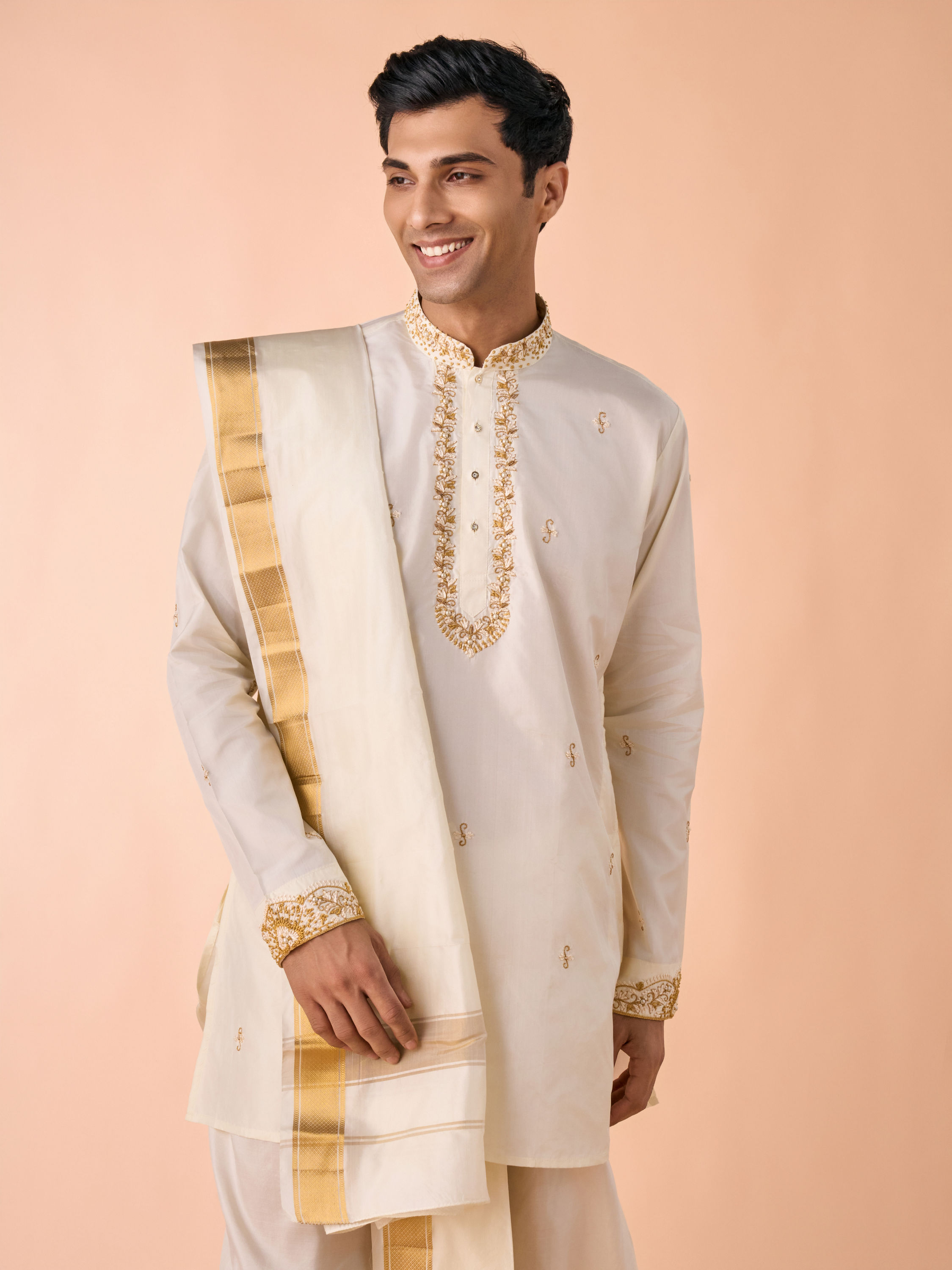 Manyavar Men Elegant Cream Silk Kurta Pancha Set