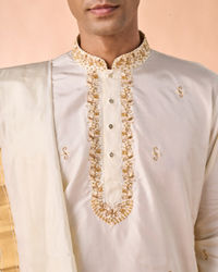 Manyavar Men Elegant Cream Silk Kurta Pancha Set