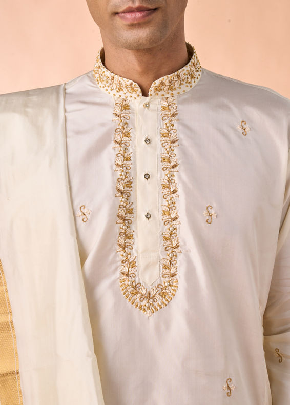 Manyavar Men Elegant Cream Silk Kurta Pancha Set