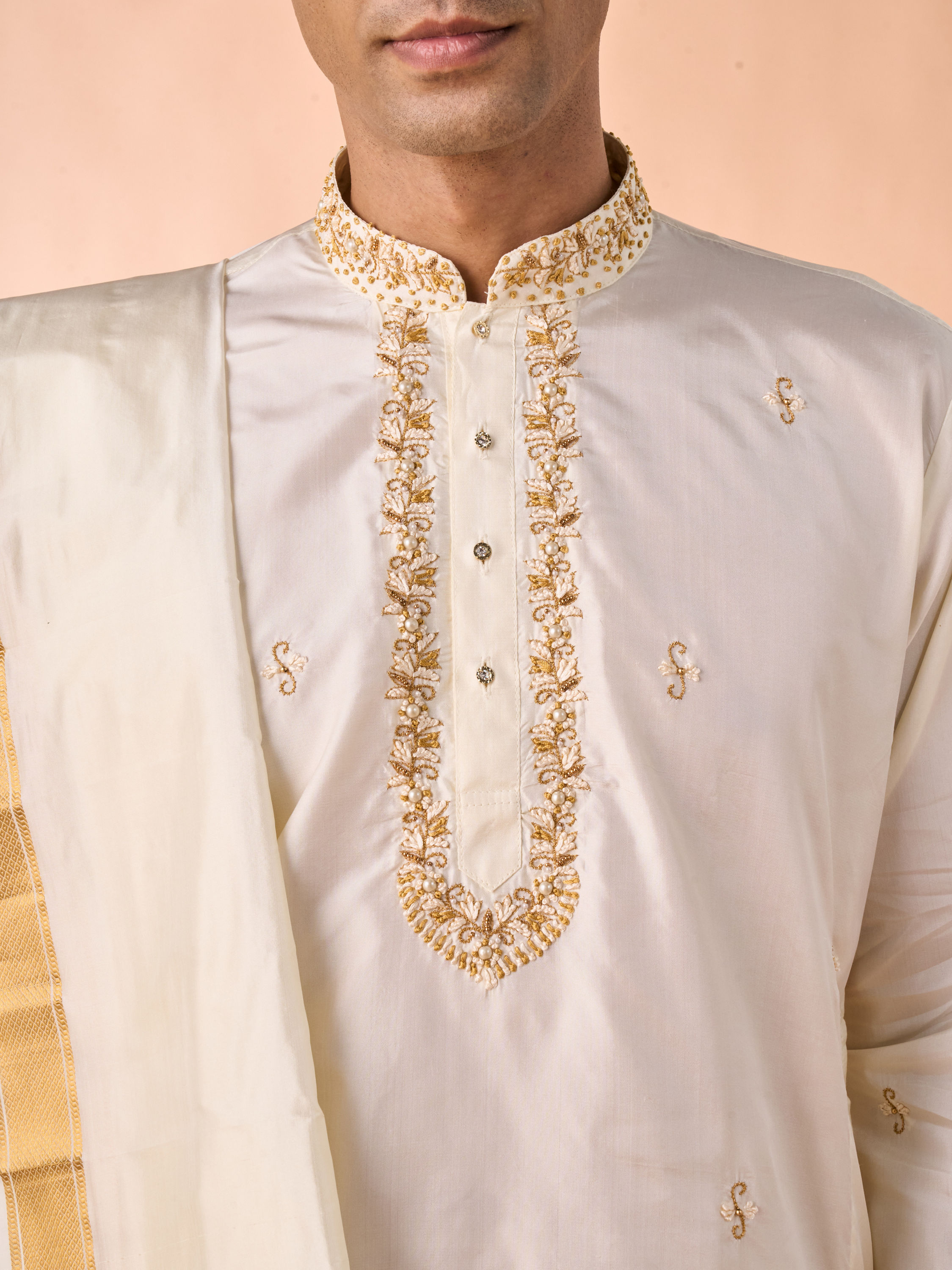 Manyavar Men Elegant Cream Silk Kurta Pancha Set