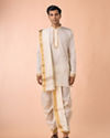 Manyavar Men Elegant Cream Silk Kurta Pancha Set